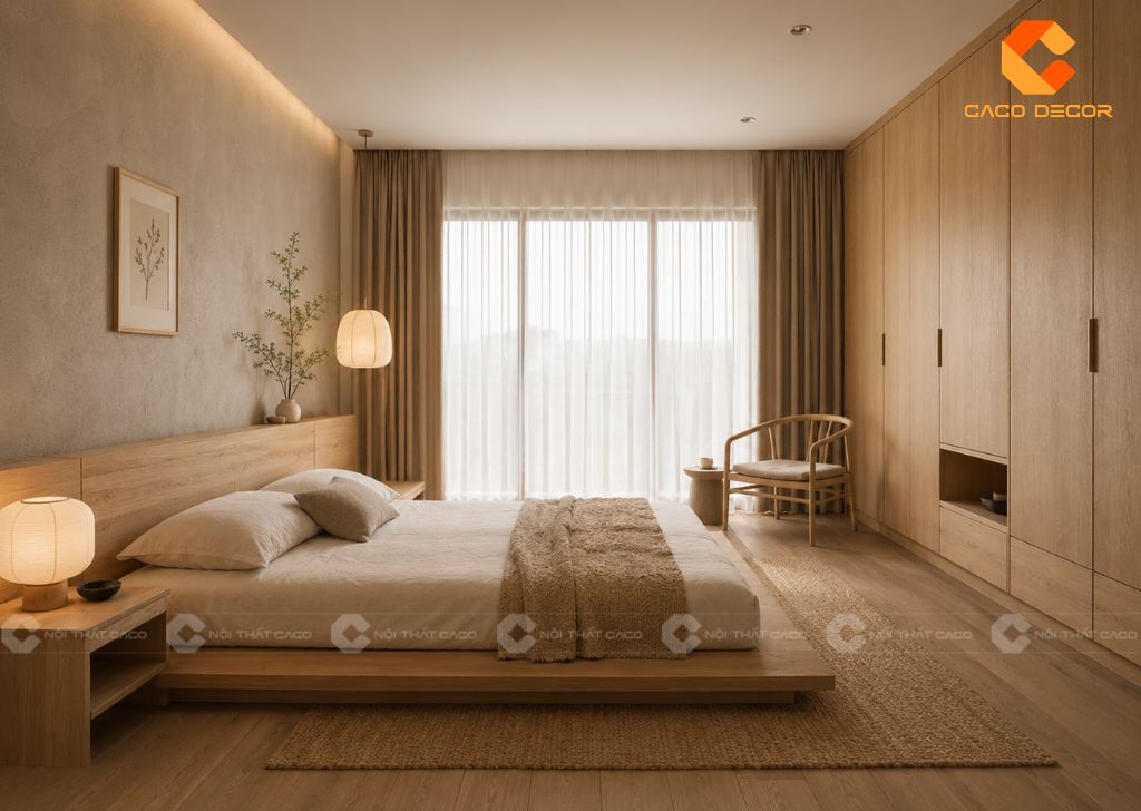Phòng ngủ Japandi có giường thấp và tủ áo gỗ