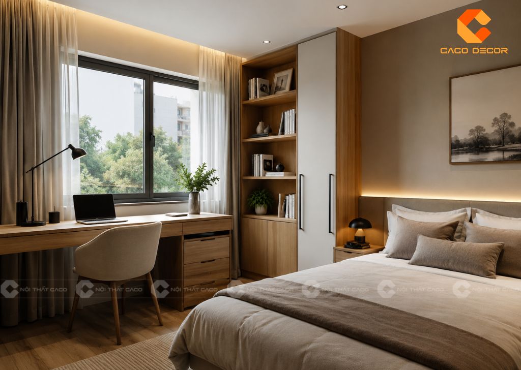 Phòng ngủ kết hợp góc làm việc cạnh cửa sổ