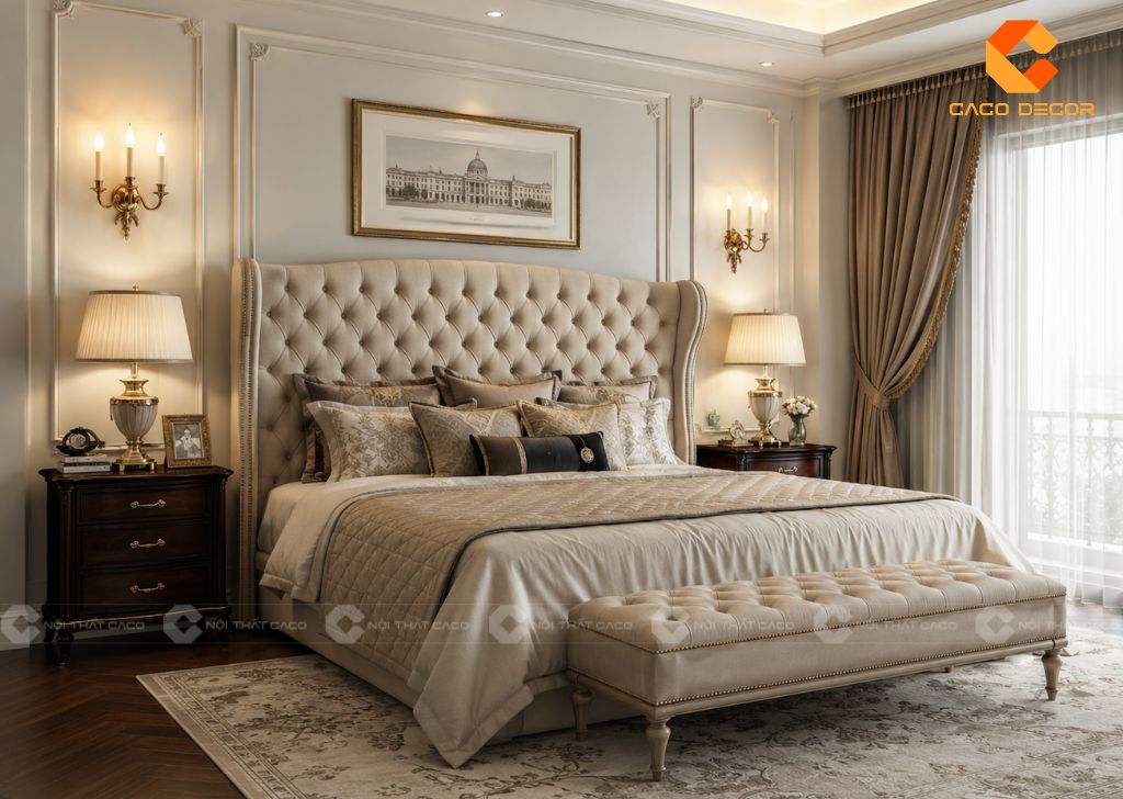 Phòng ngủ tân cổ điển có giường bọc nệm cao cấp