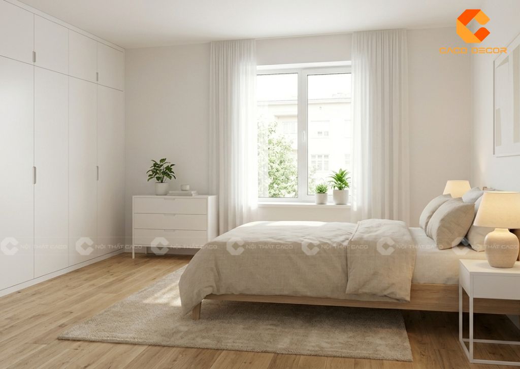 Phòng ngủ tối giản có tủ áo kịch trần