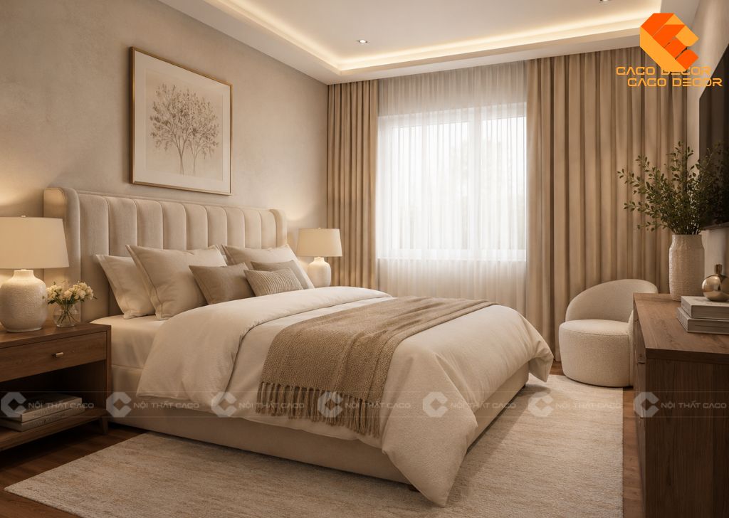 Phòng ngủ vợ chồng trẻ màu be nhẹ nhàng