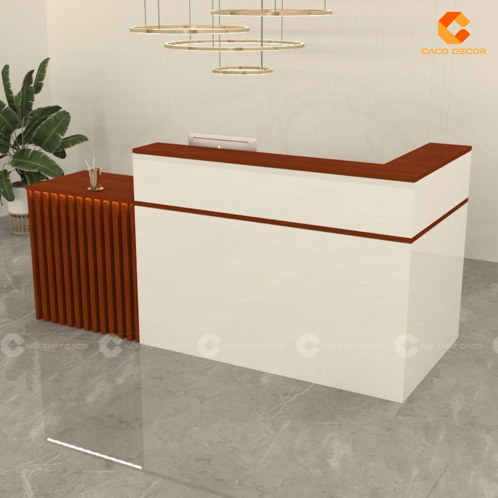 Quầy lễ tân QLT019 phối trắng nâu với lam trang trí