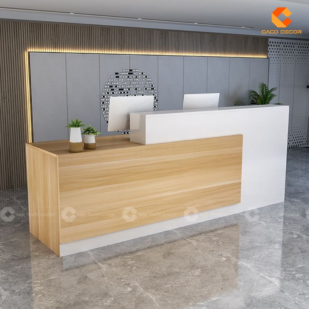 Quầy lễ tân QLT020 mặt tiền vân gỗ sáng hiện đại