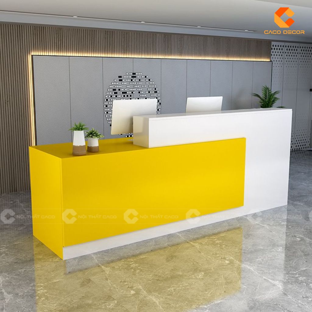 Quầy lễ tân QLT020 phối trắng vàng nổi bật cho showroom