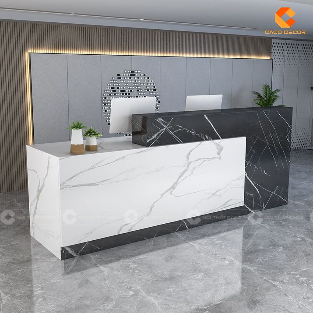 Quầy lễ tân gỗ công nghiệp QLT020 vân đá đen trắng sang trọng