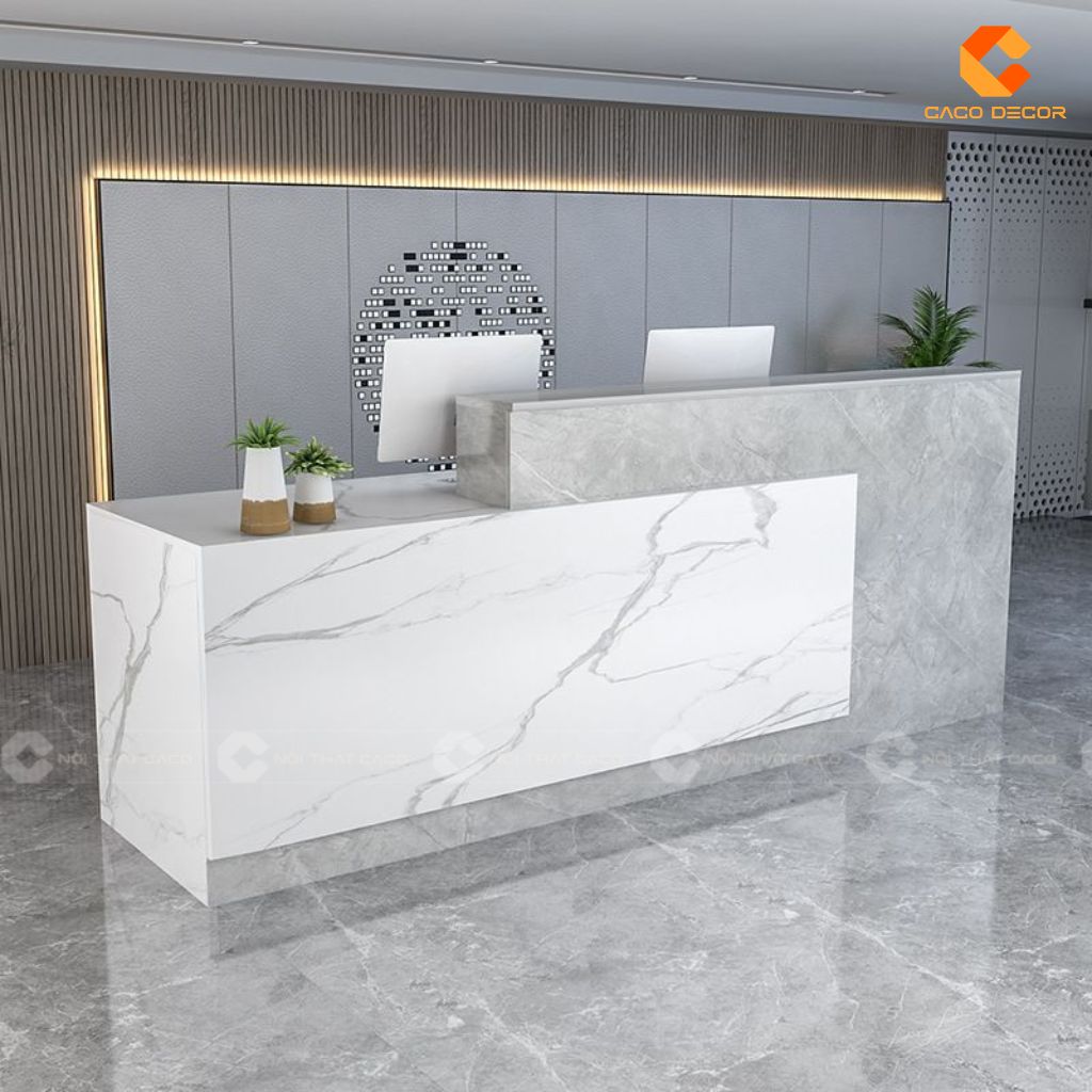 Quầy lễ tân gỗ công nghiệp QLT020 phối vân đá trắng xám