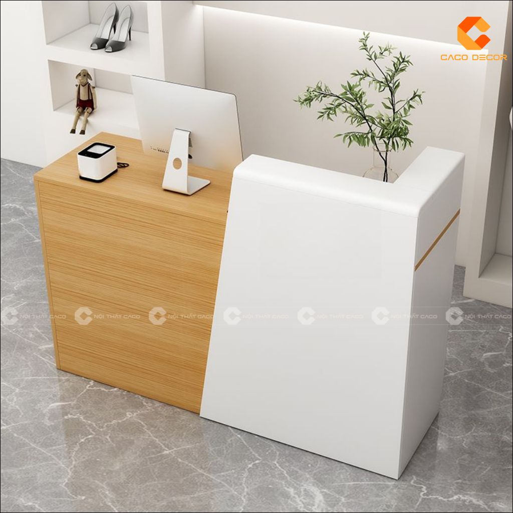 Quầy lễ tân gỗ công nghiệp QLT023 phối trắng và vân gỗ sáng