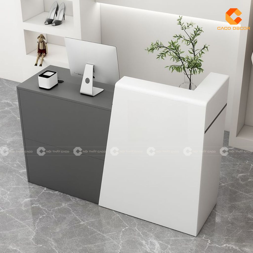 Quầy lễ tân QLT023 nhỏ gọn phối màu trắng xám hiện đại