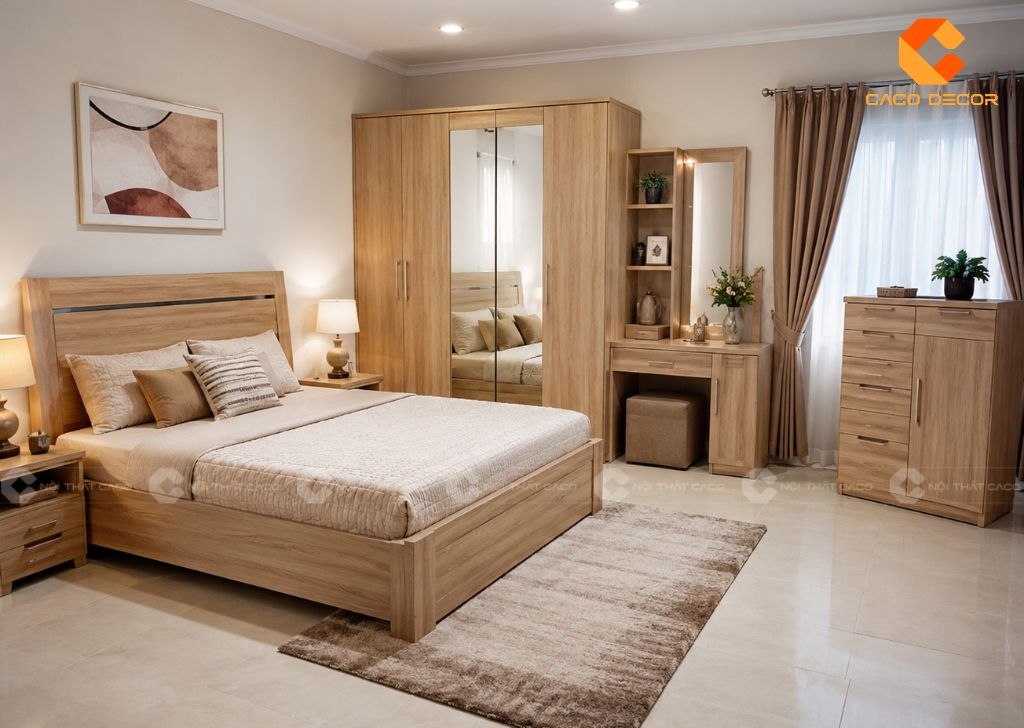 Combo nội thất phòng ngủ hiện đại đồng bộ gồm giường, tủ áo, bàn trang điểm và tab đầu giường