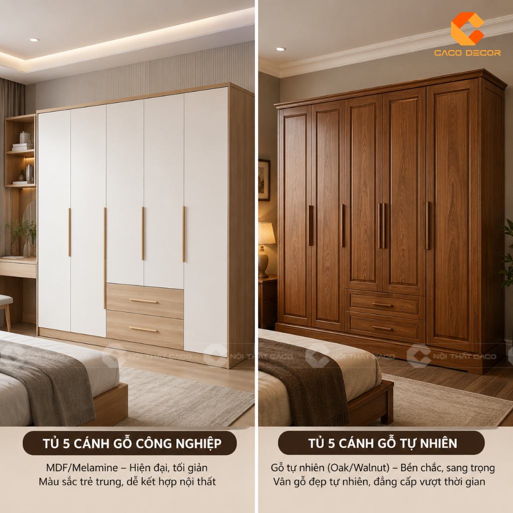 So sánh chất liệu gỗ sản xuất tủ quần áo 5 cánh