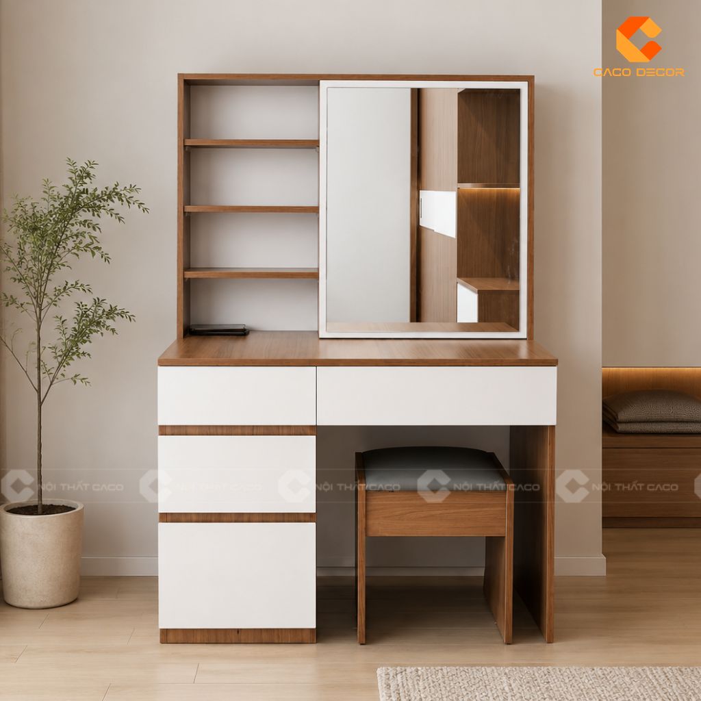 Thiết kế 3D bàn trang điểm gỗ sáng phối trắng