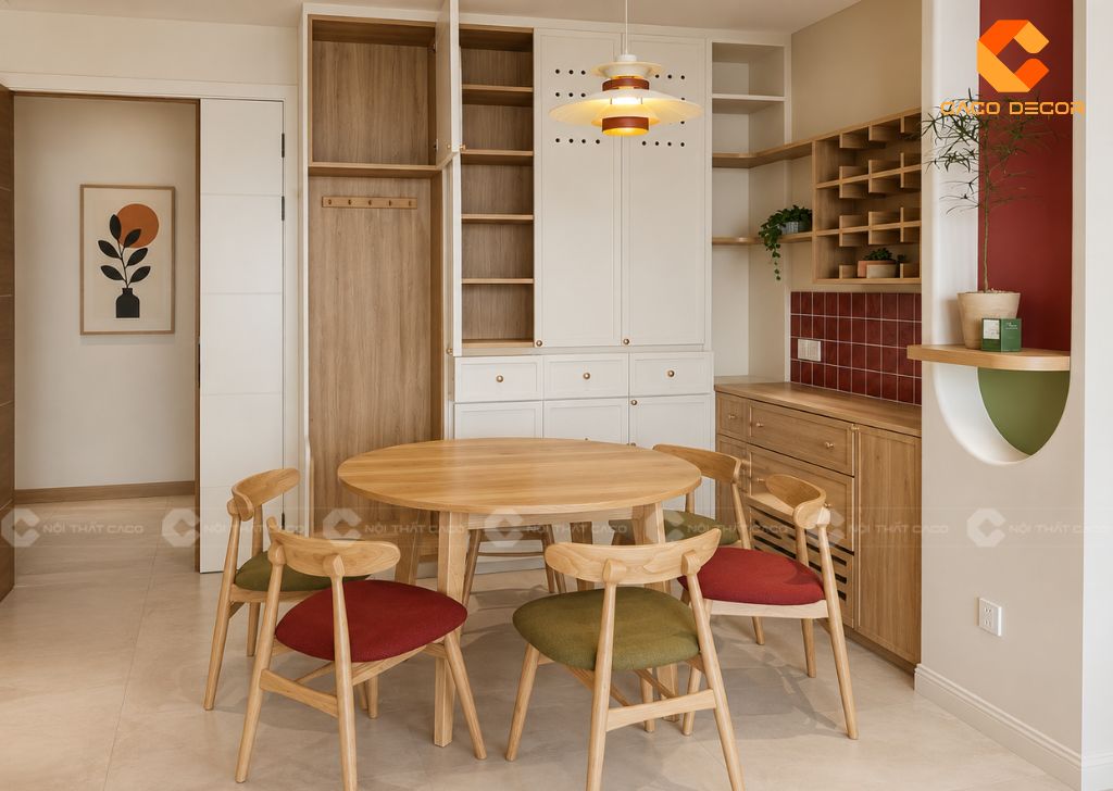 Phối cảnh 3D bộ bàn ăn tròn gỗ sồi Nga