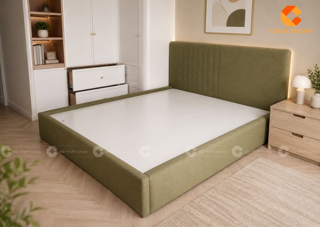 Phối cảnh 3D giường ngủ bọc nệm xanh rêu