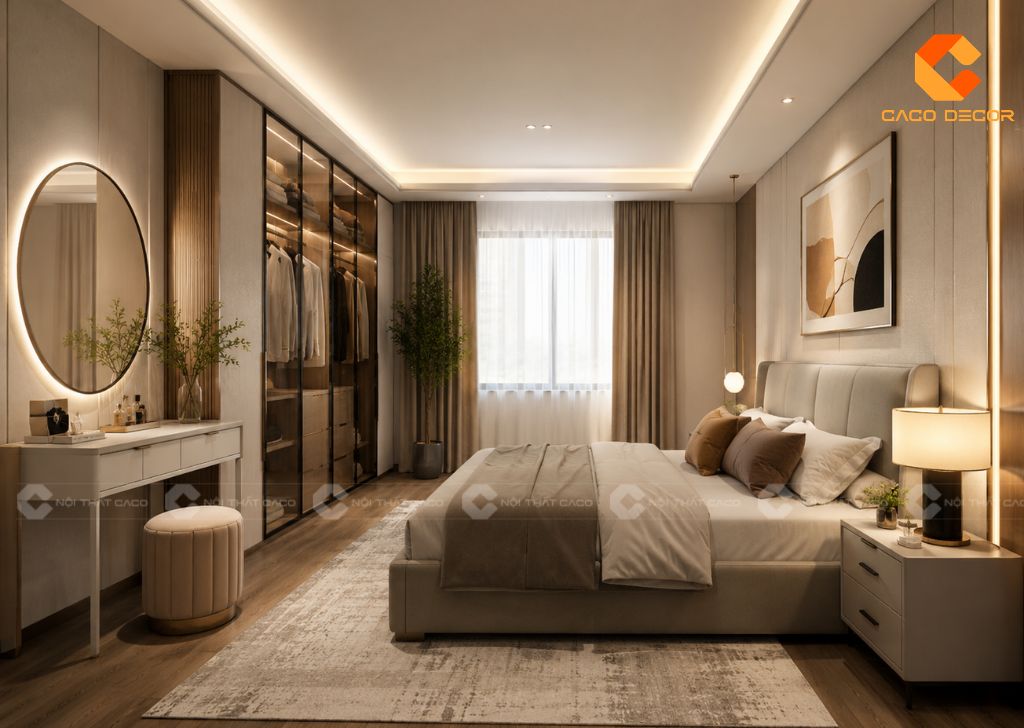 Thiết kế 3D phòng ngủ hiện đại có bàn trang điểm