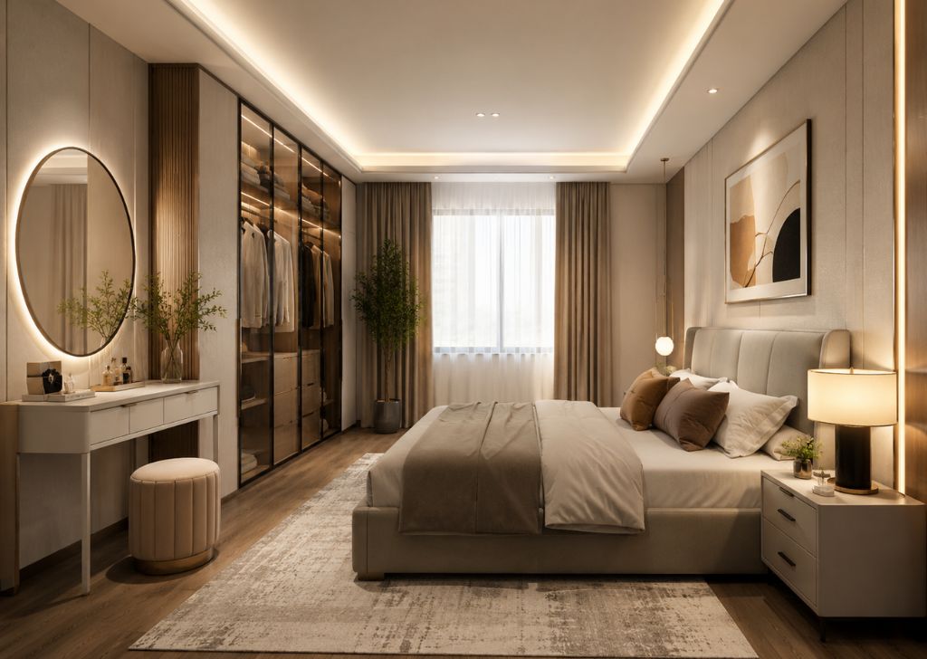 Thiết kế 3D phòng ngủ hiện đại có bàn trang điểm
