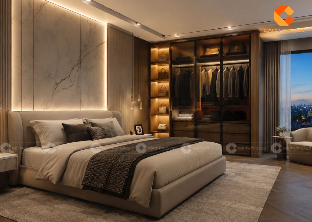 Thiết kế nội thất phòng ngủ chung cư cao cấp có tủ kính
