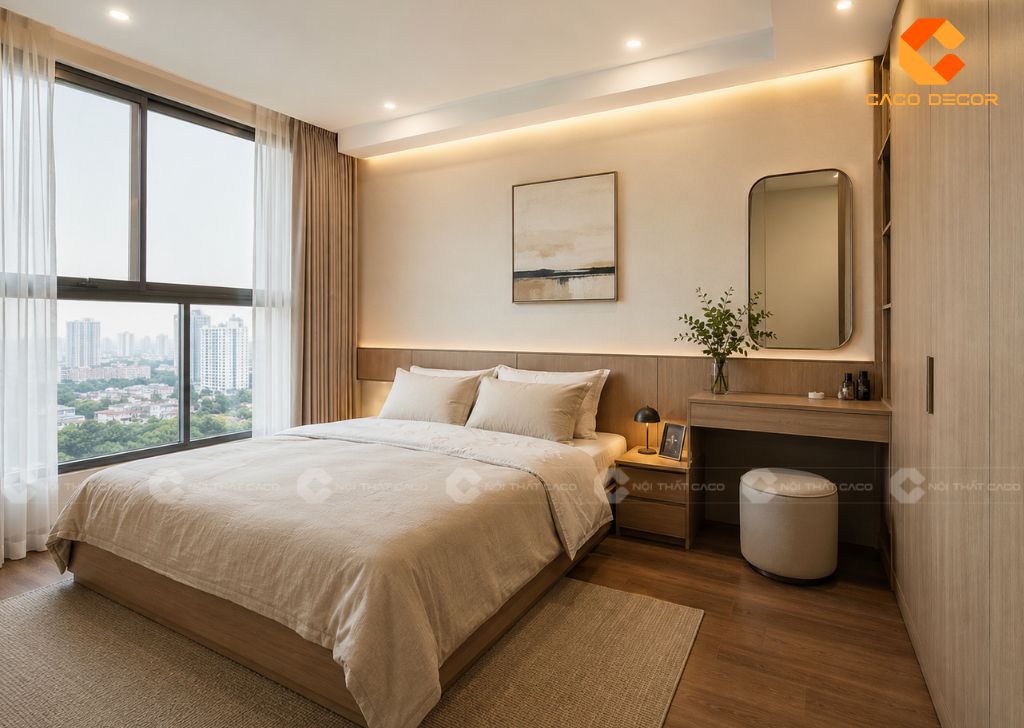 Thiết kế nội thất phòng ngủ chung cư nhỏ có giường hộc kéo