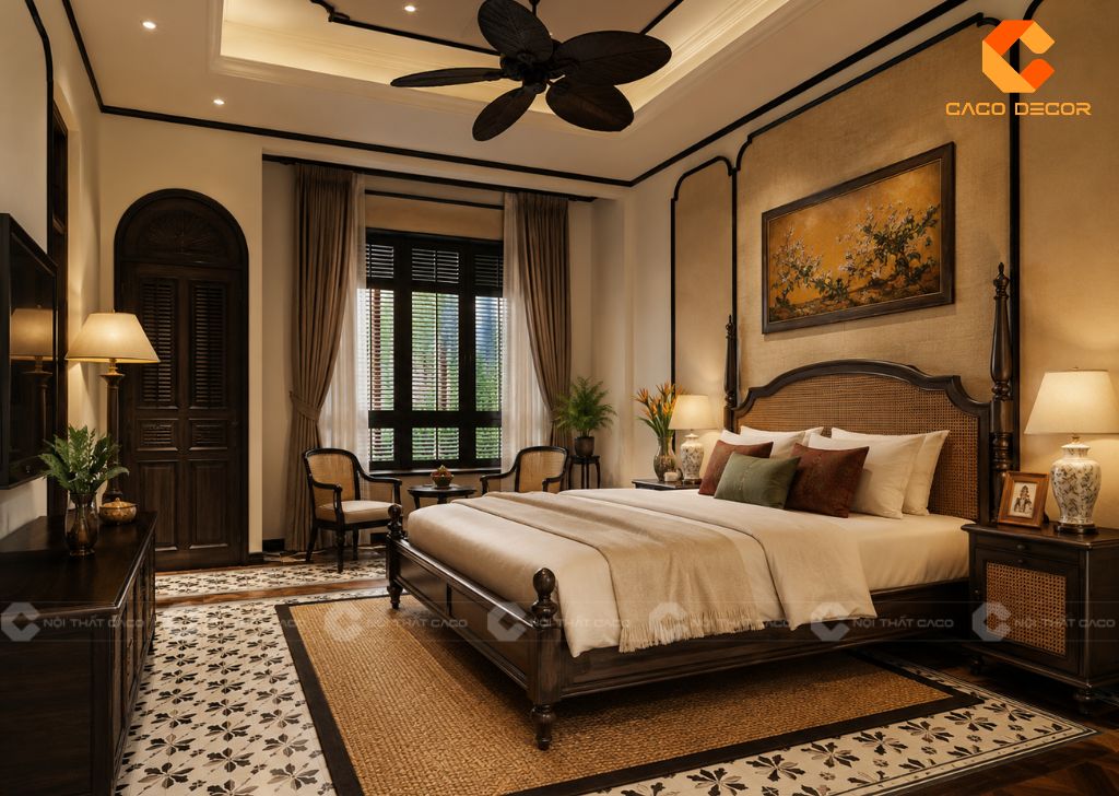 Thiết kế nội thất phòng ngủ Indochine ấm cúng