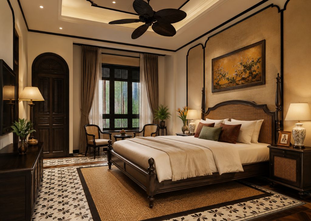 Thiết kế nội thất phòng ngủ Indochine ấm cúng