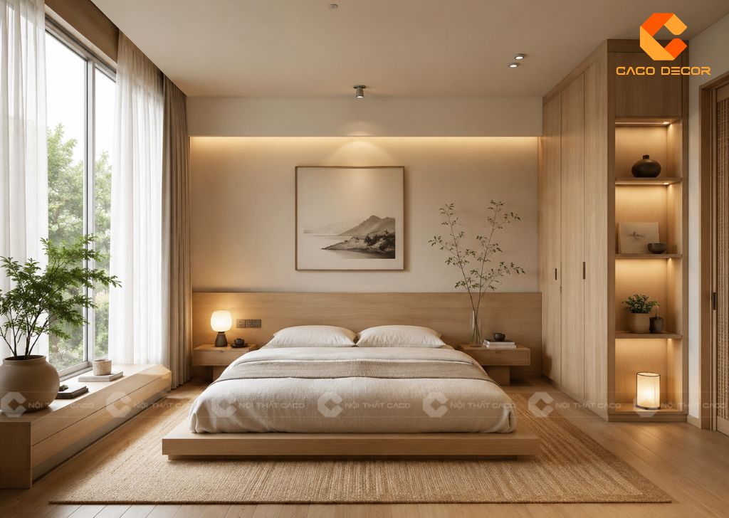 Thiết kế nội thất phòng ngủ Japandi màu gỗ sáng