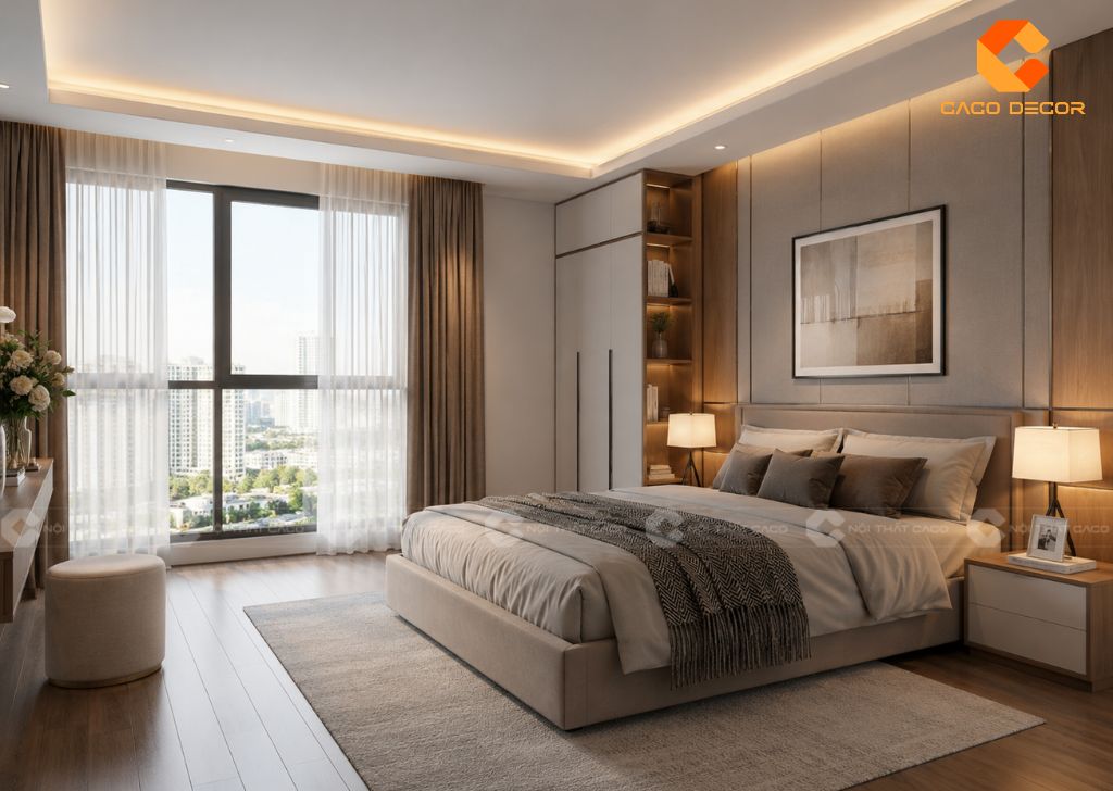 Thiết kế phòng ngủ chung cư hiện đại sang trọng màu trung tính
