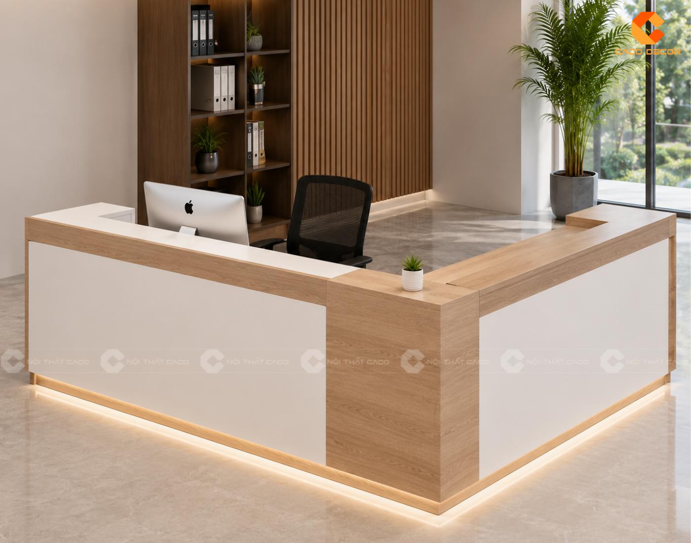 Thiết kế quầy lễ tân văn phòng chữ L bền đẹp