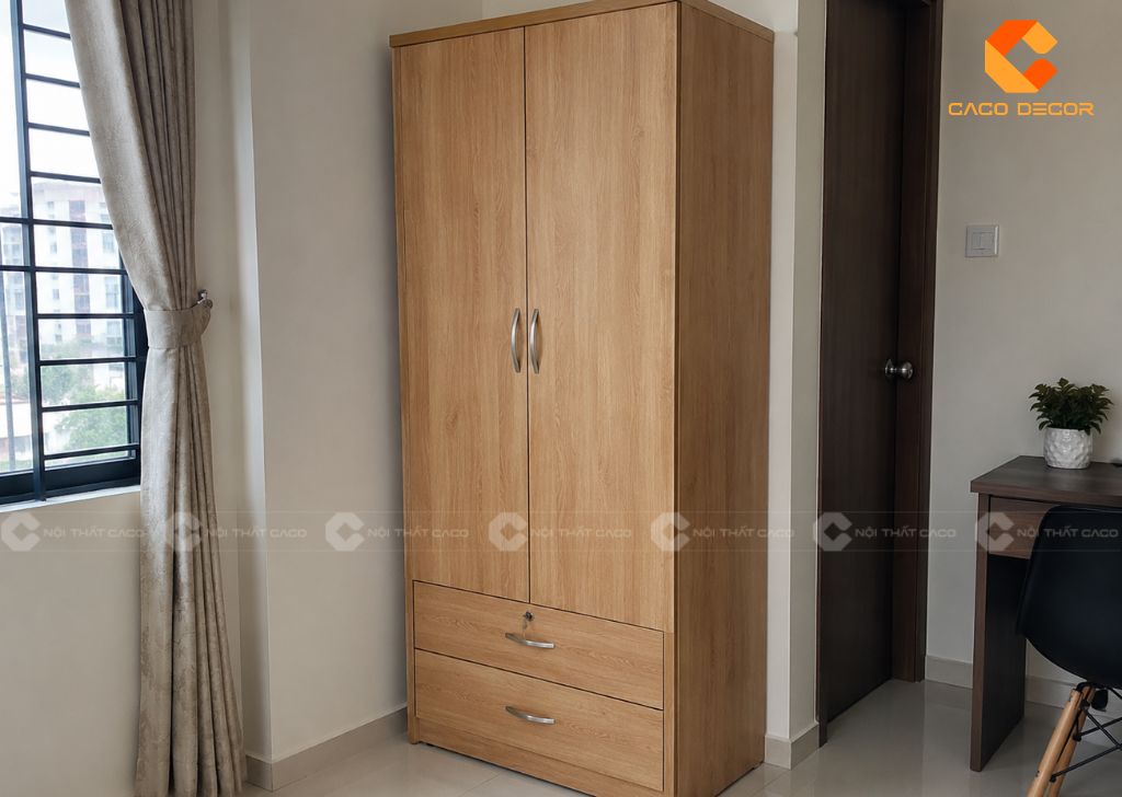 Thiết kế tủ quần áo gỗ tự nhiên 2 cánh có ngăn kéo