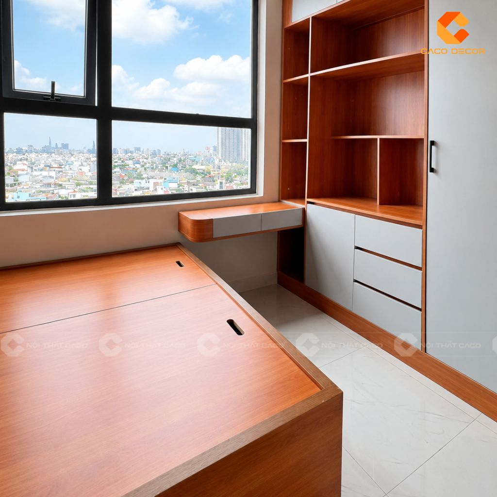 Tủ áo kết hợp kệ trang trí và ngăn kéo thi công thực tế cho phòng ngủ chị Tuyết