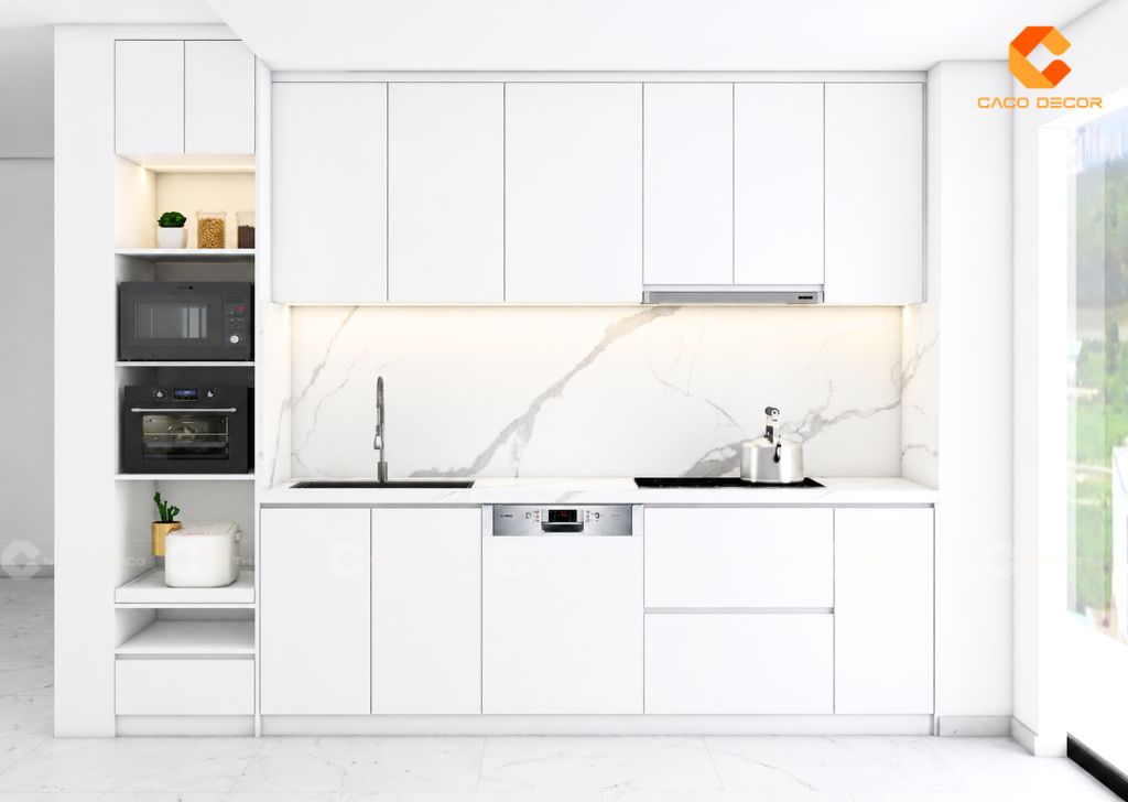 Thiết kế 3D tổng thể tủ bếp gỗ công nghiệp TBM119 trắng hiện đại