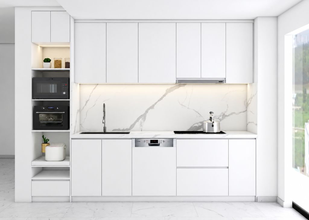 Thiết kế 3D tổng thể tủ bếp gỗ công nghiệp TBM119 trắng hiện đại