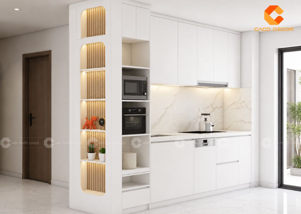 Phối cảnh 3D tủ bếp gỗ công nghiệp TBM119 có kệ trang trí led