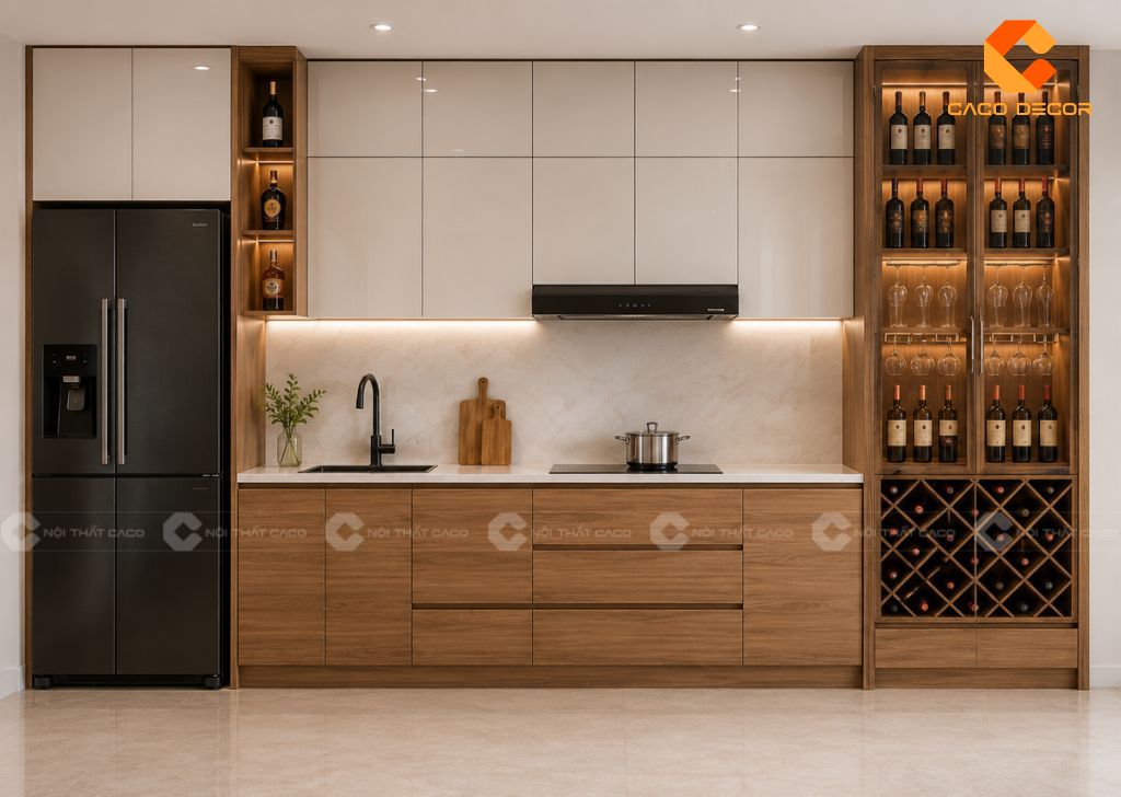Tủ bếp kết hợp tủ rượu cánh kính hiện đại