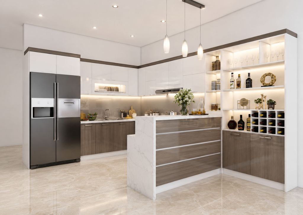Tủ bếp trắng kết hợp tủ rượu cánh kính