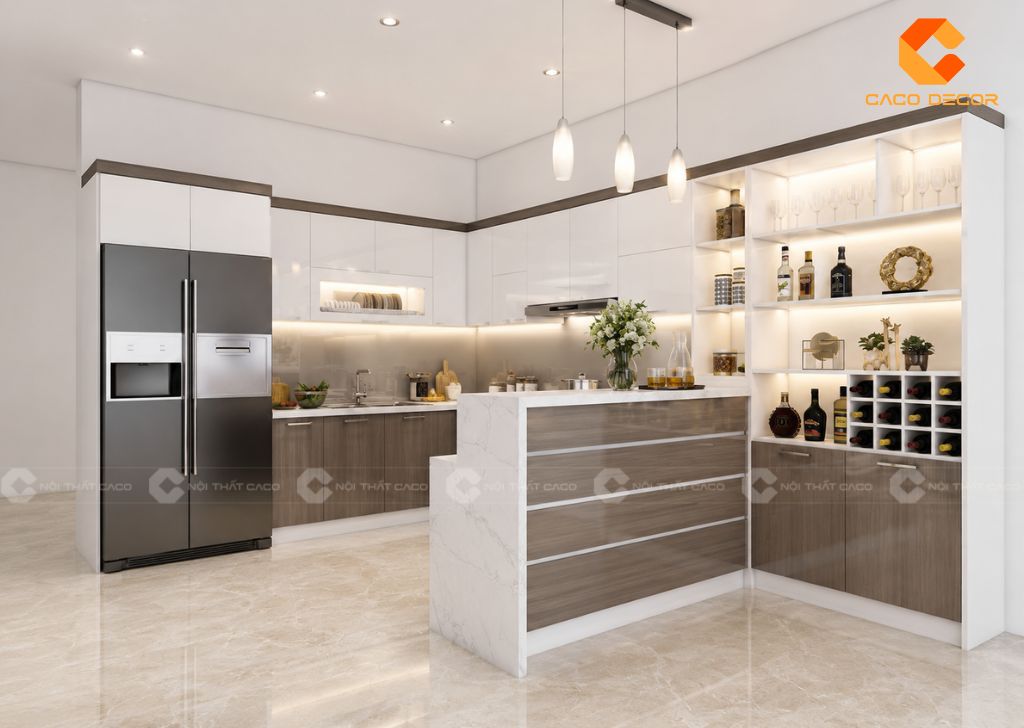 Tủ bếp trắng kết hợp tủ rượu cánh kính