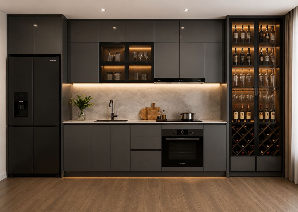 Tủ bếp xám đen kết hợp tủ rượu cánh kính