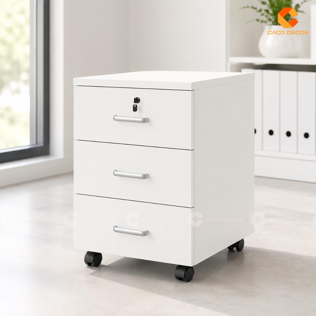 Mẫu tủ đựng tài liệu nhỏ gỗ MDF màu trắng có bánh xe