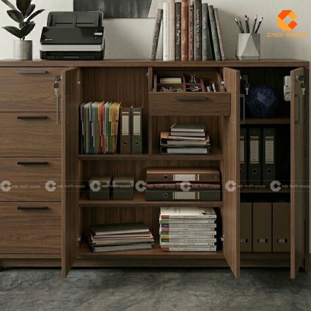 Tủ hồ sơ gỗ công nghiệp THS032 mở cánh nhiều khoang