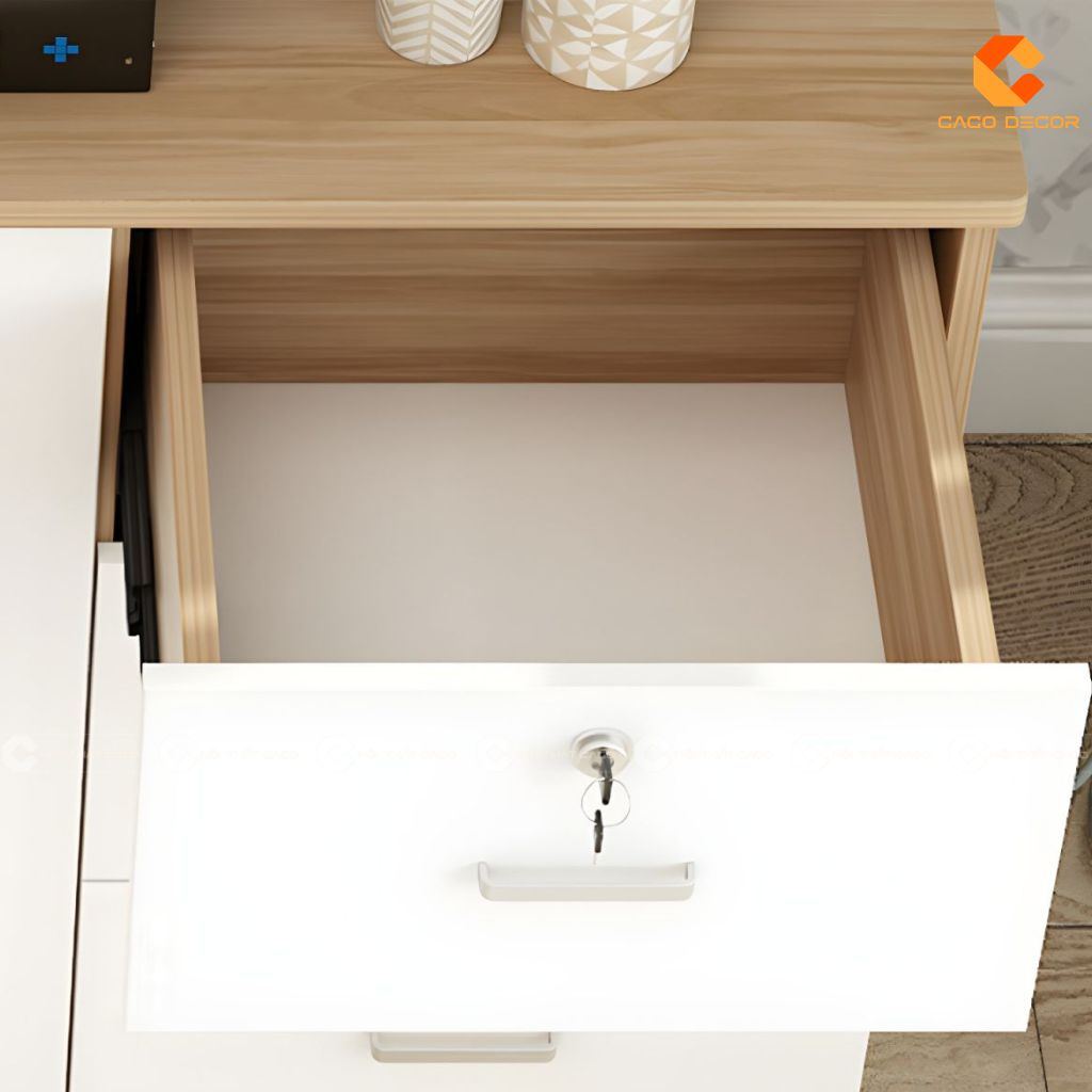Cận cảnh hộc kéo khóa tủ hồ sơ gỗ công nghiệp THS036