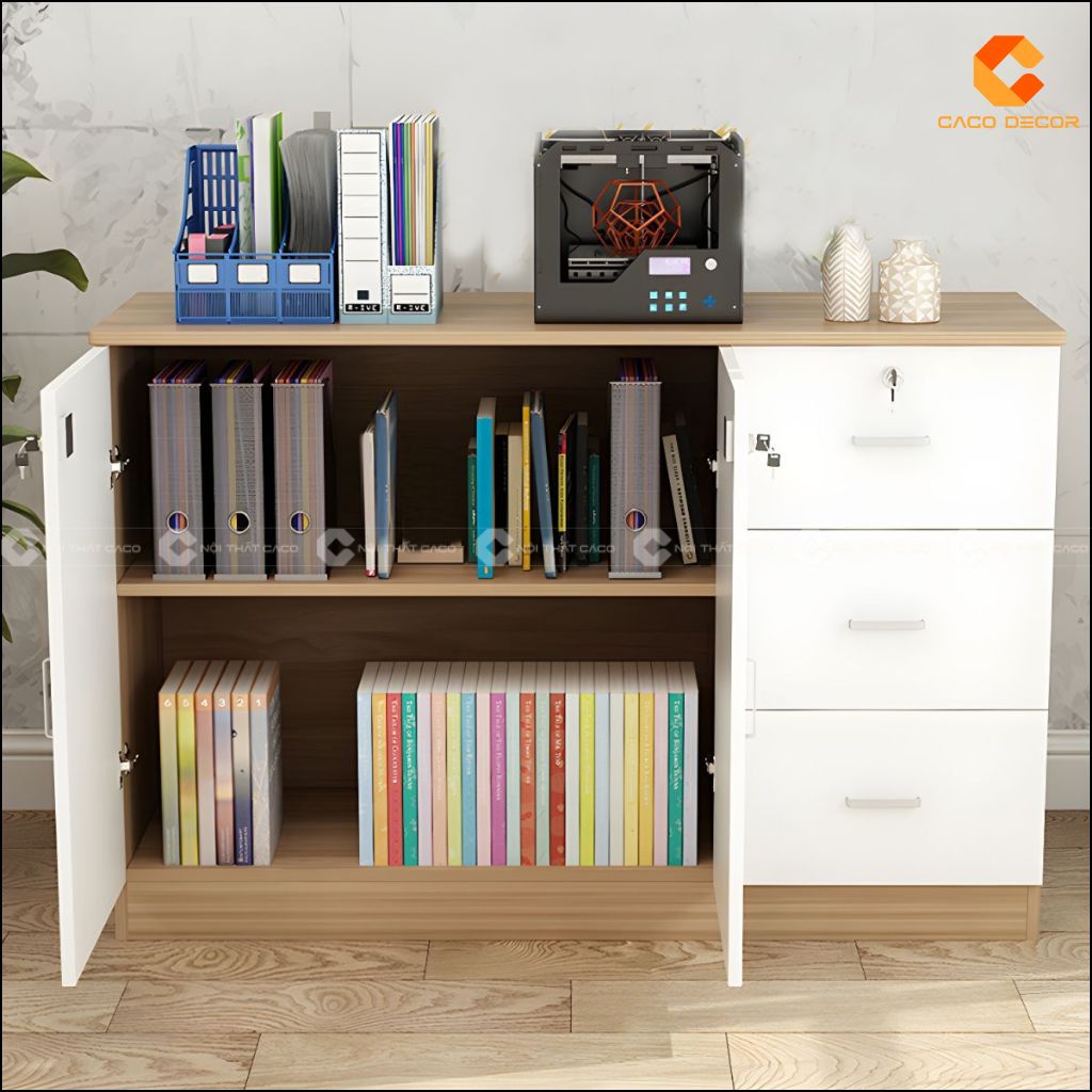Tủ hồ sơ gỗ công nghiệp THS036 mở cánh và hộc kéo