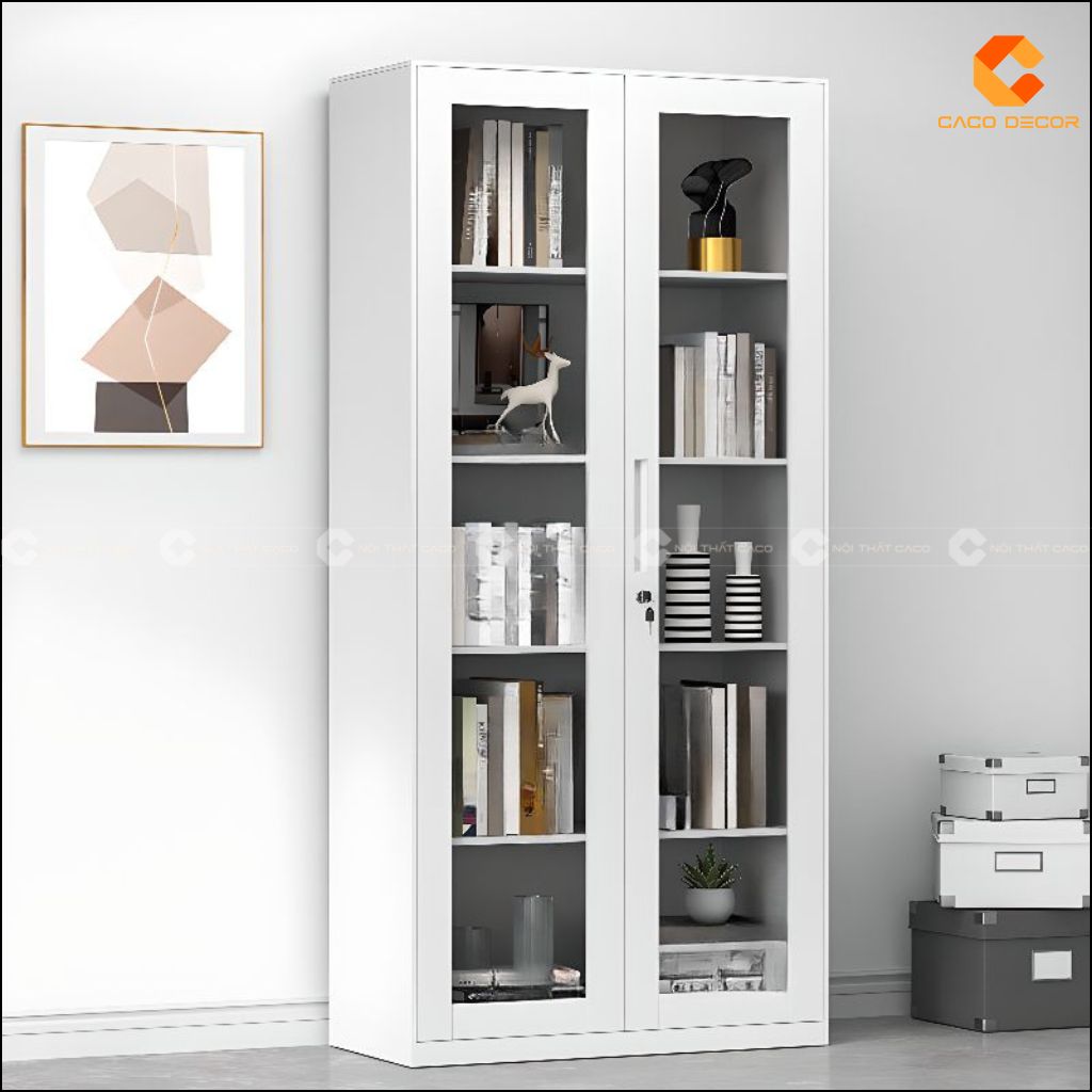 Tủ hồ sơ gỗ công nghiệp THS038 màu trắng cánh kính có khóa