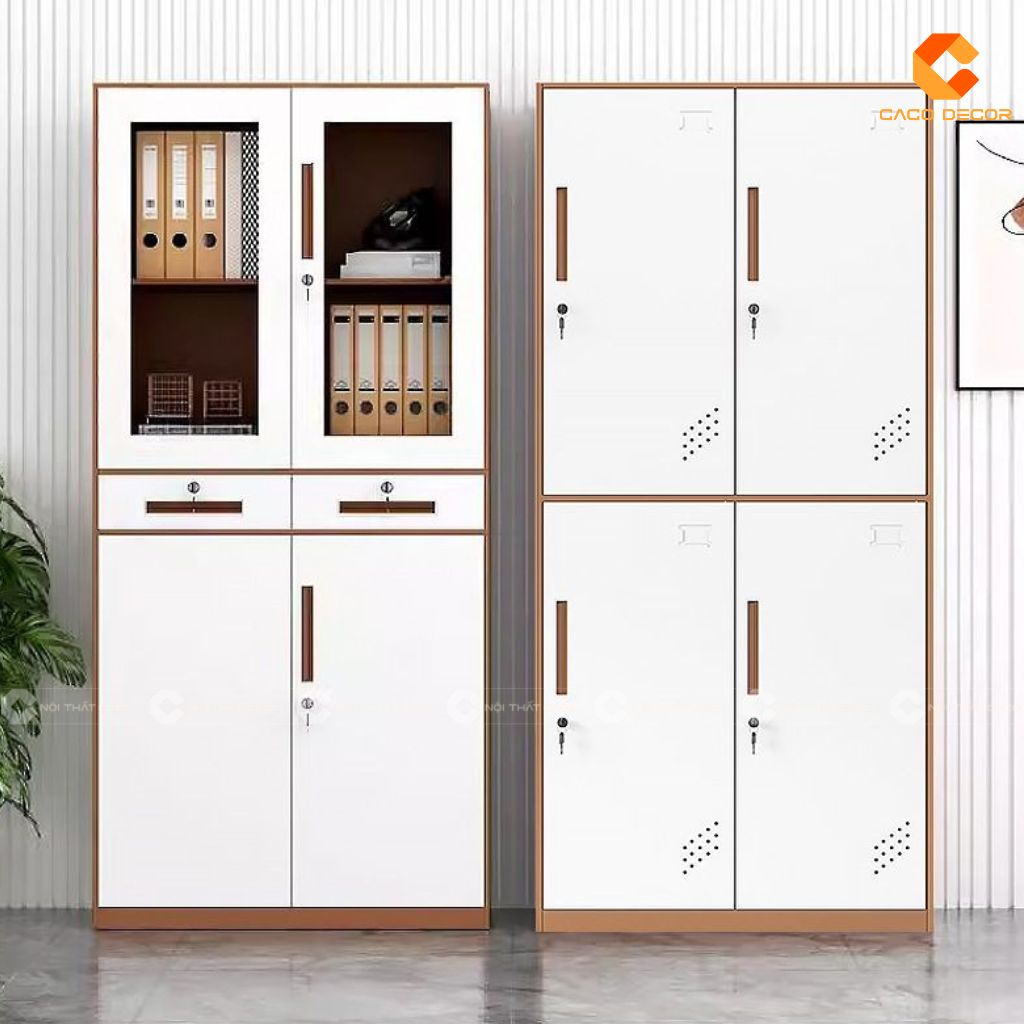 Tủ hồ sơ gỗ công nghiệp THS038 phối trắng nâu nhiều ngăn chứa