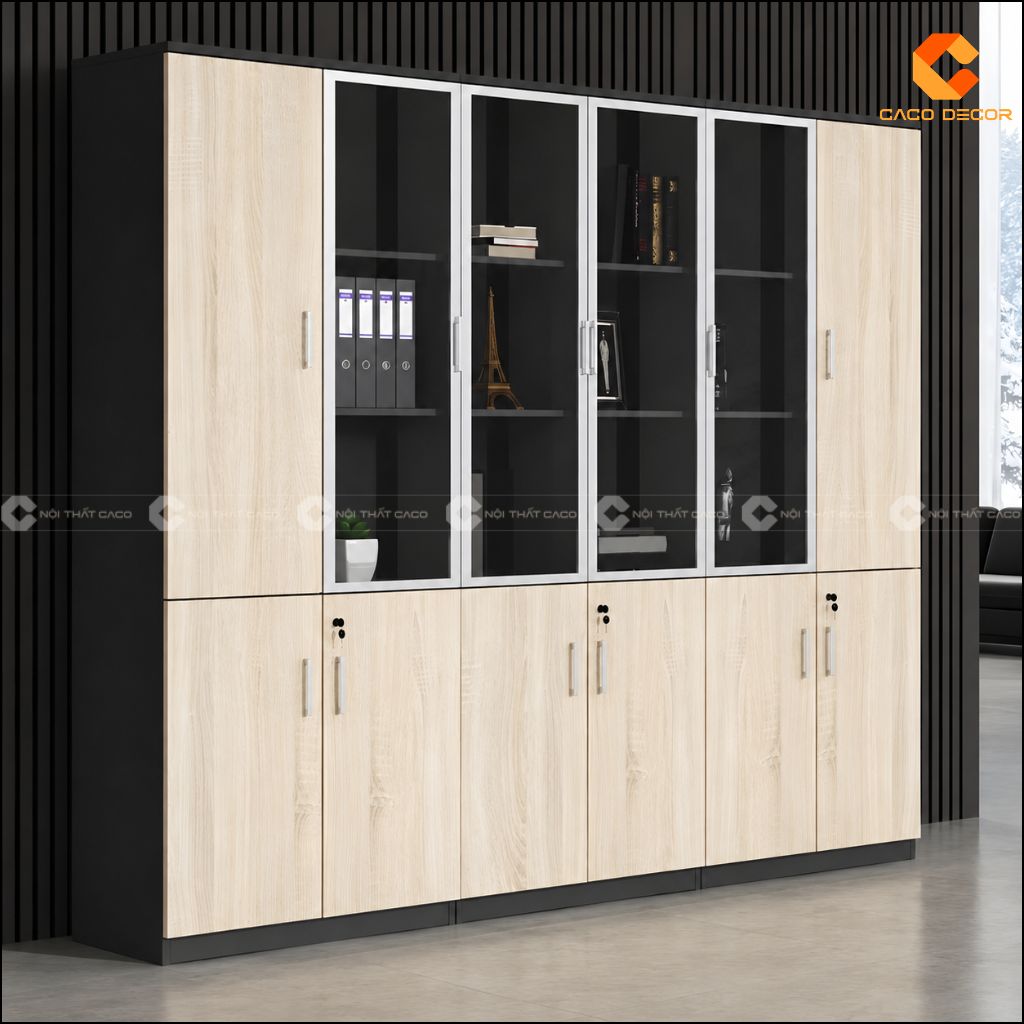 Tủ hồ sơ gỗ công nghiệp THS040 cánh kính vân gỗ sáng