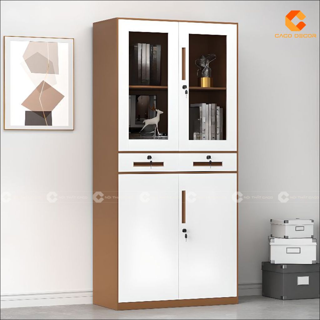 Tủ hồ sơ THS038 màu trắng nâu có ngăn kéo và khoang lưu trữ