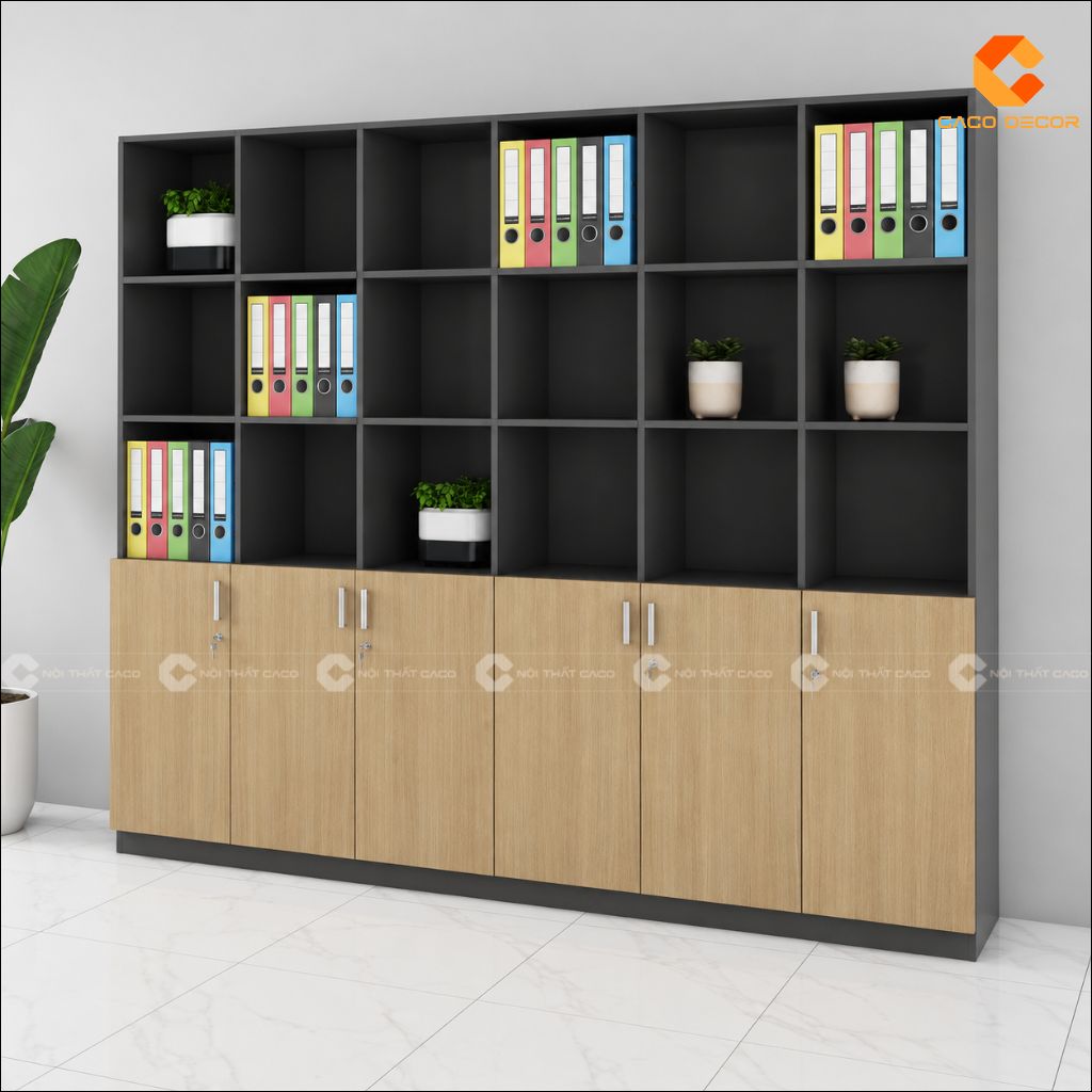Tủ hồ sơ THS041 màu gỗ sáng phối khung xám đậm