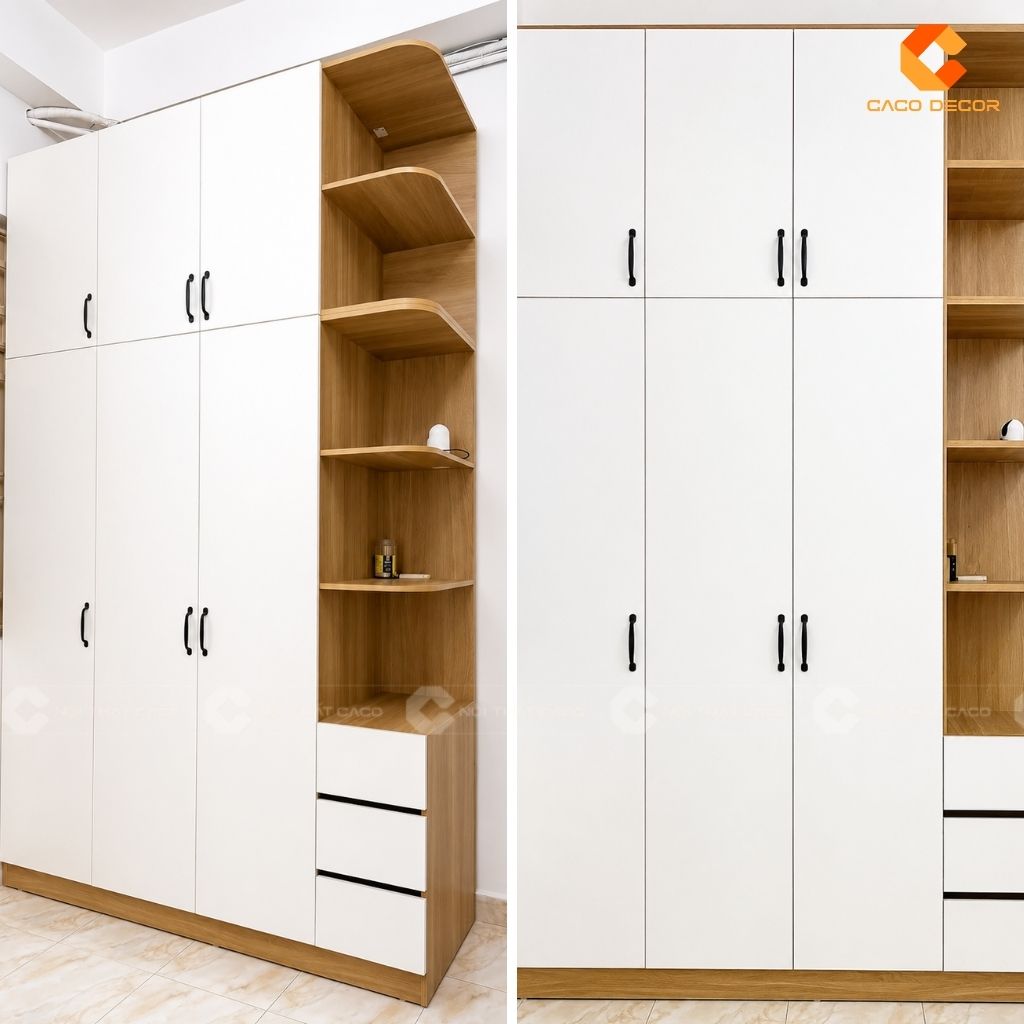 Tủ quần áo kịch trần kết hợp kệ trang trí vân gỗ và ba hộc kéo