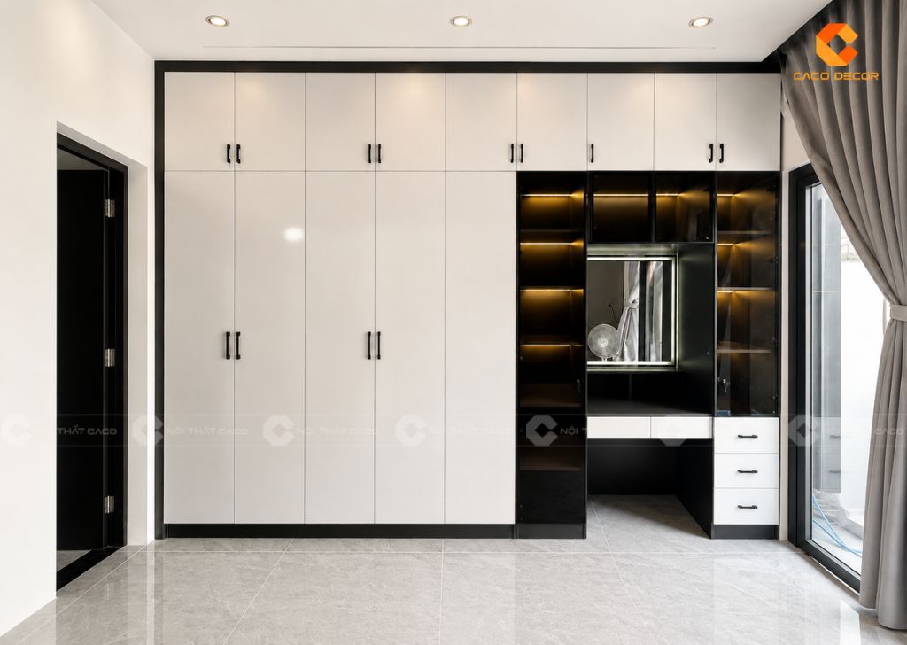 Tủ áo kịch trần phối trắng đen kết hợp bàn trang điểm hiện đại