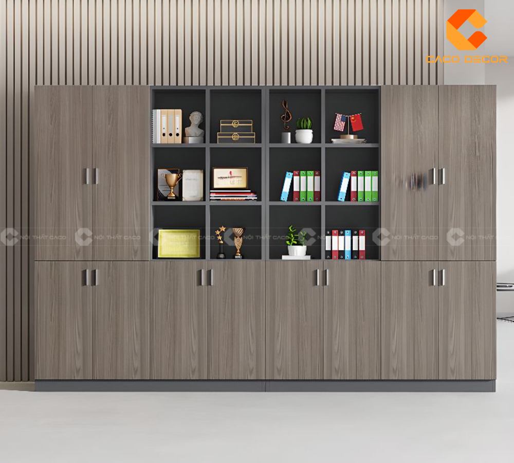 Mẫu tủ hồ sơ gỗ MDF màu xám với nhiều ngăn kệ lưu trữ