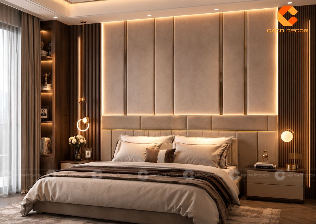 Vách đầu giường bọc nệm kết hợp đèn LED