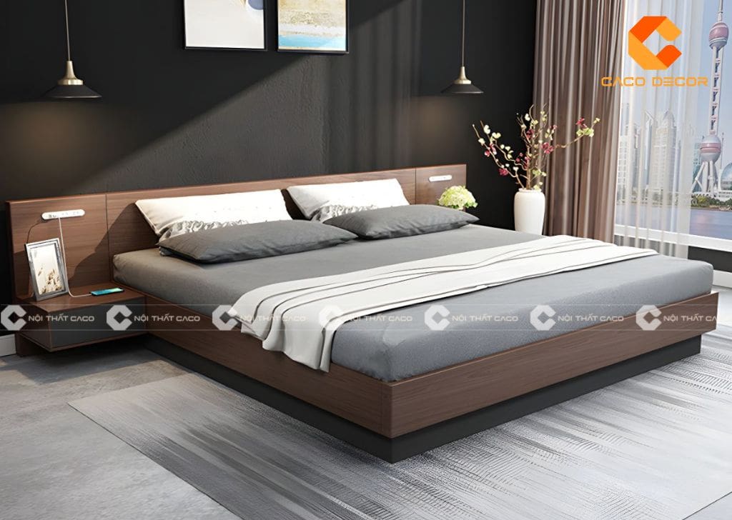 Giường ngủ gỗ kết hợp tab đầu giường tiện dụng