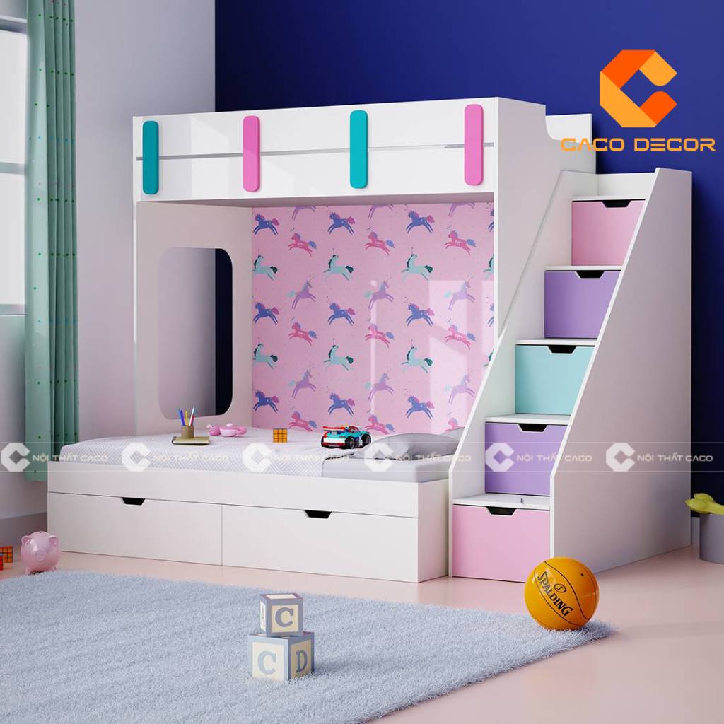 Giường tầng trẻ em có hộc kéo dưới gầm giúp lưu trữ đồ gọn gàng